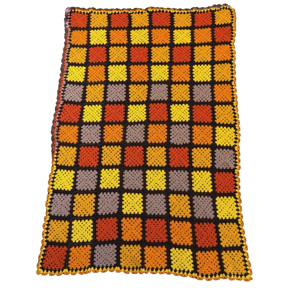Vintage Handmade Retro Granny Square Afghan Throw Crochet 40"x 58" Brown Orange